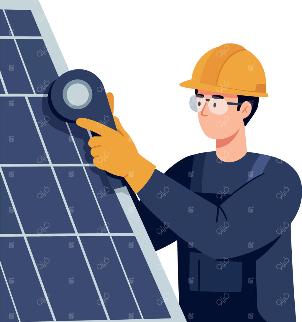 تکنسین در حال تنظیم پنل خورشیدی با ابزار، در سبک هنری تخت، نمایش کاری در حوزه انرژی تجدیدپذیر