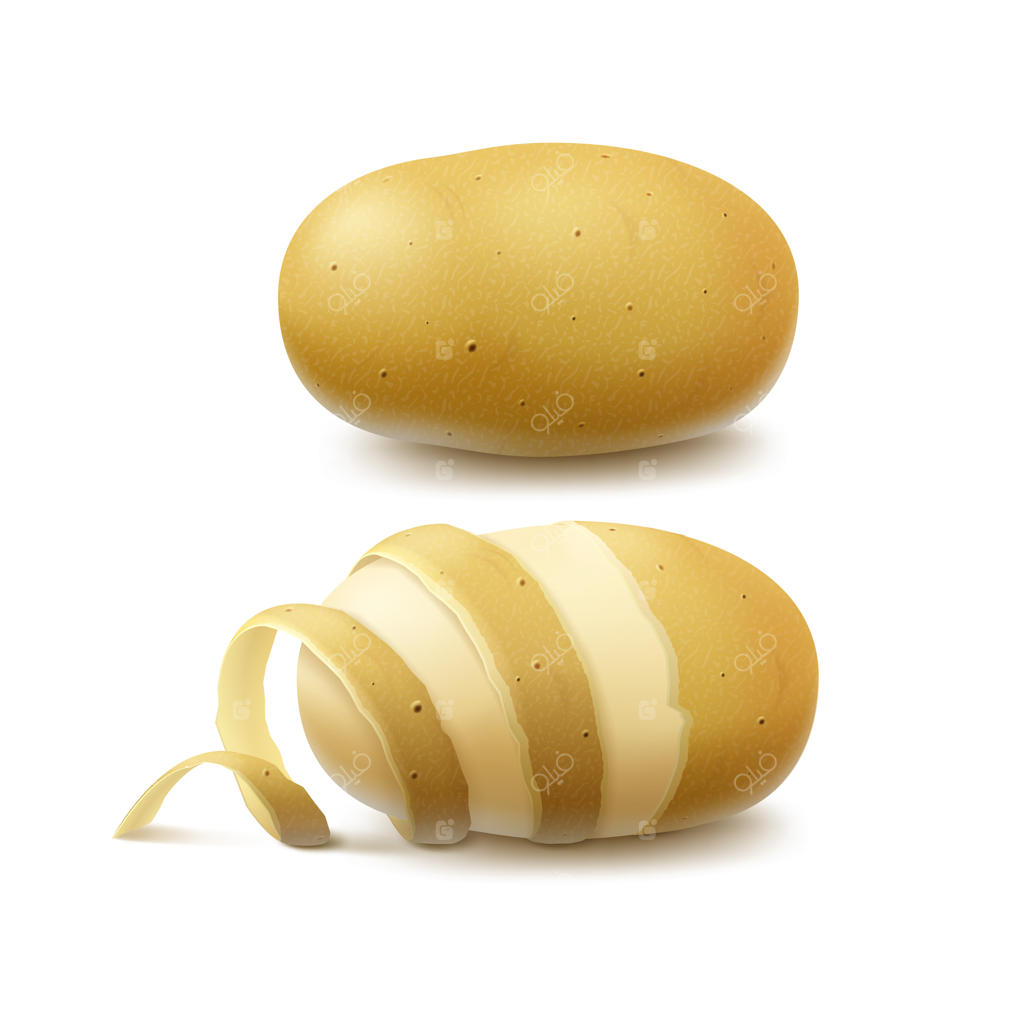 مجموعه‌ای از سیب‌زمینی زرد خام و کامل و نصف سیب‌زمینی پوست‌کنده با پوست پیچیده در کنار آن، در پس‌زمینه سفید