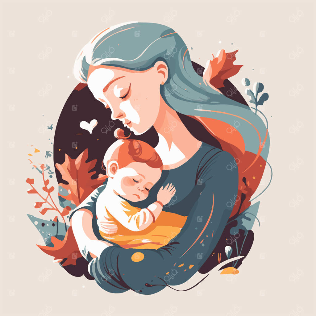 روز مادر مبارک! مامان عزیز با بغل نوزاد دوست‌داشتنی و پس‌زمینه گل‌ها - سبک فلت وکتور