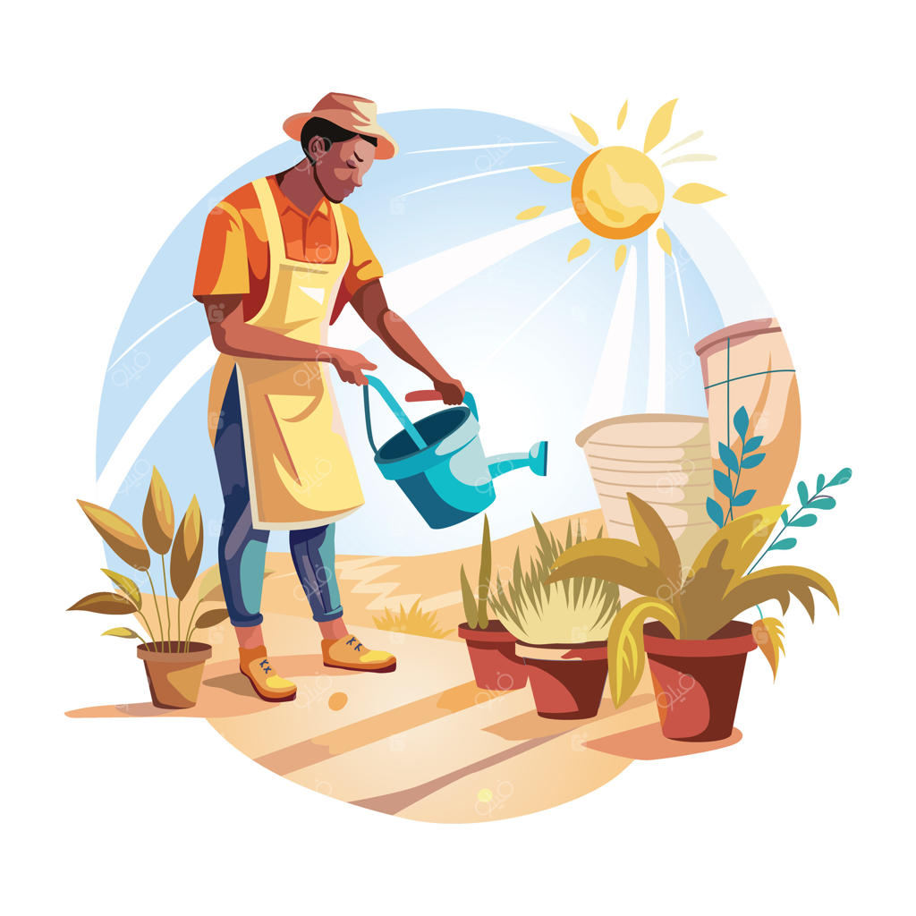 باغبانی که در روزی آفتابی به گیاهان آب می‌دهد، تصویرسازی به سبک ساده