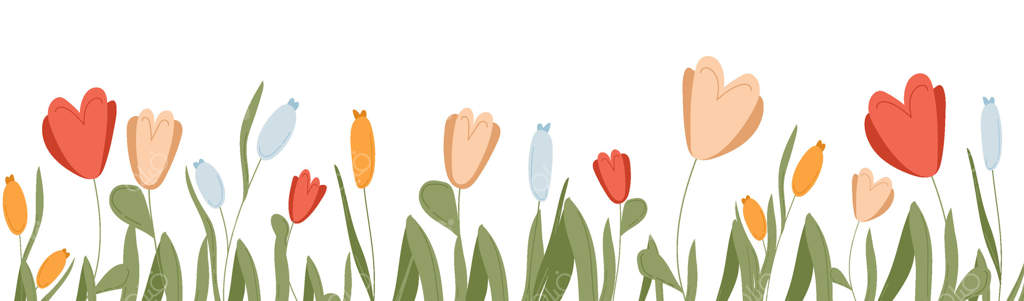 بنری با شکوفه‌های گل برای پس‌زمینه بهاری. قاب گیاهی تابستانی با حاشیه‌ای از گل‌های وحشی. طراحی افقی باغ با برگ‌ها، گلبرگ‌ها و طرحی از گل لاله برای دعوت‌نامه‌ای از چمنزار گل‌دار