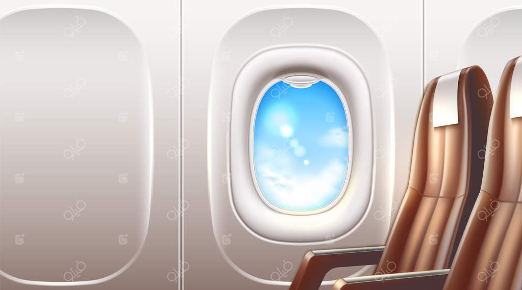 پنجره هواپیمای واقع‌گرایانه با صندلی‌های چرمی کلاس بیزینس برای سفر و گردشگری