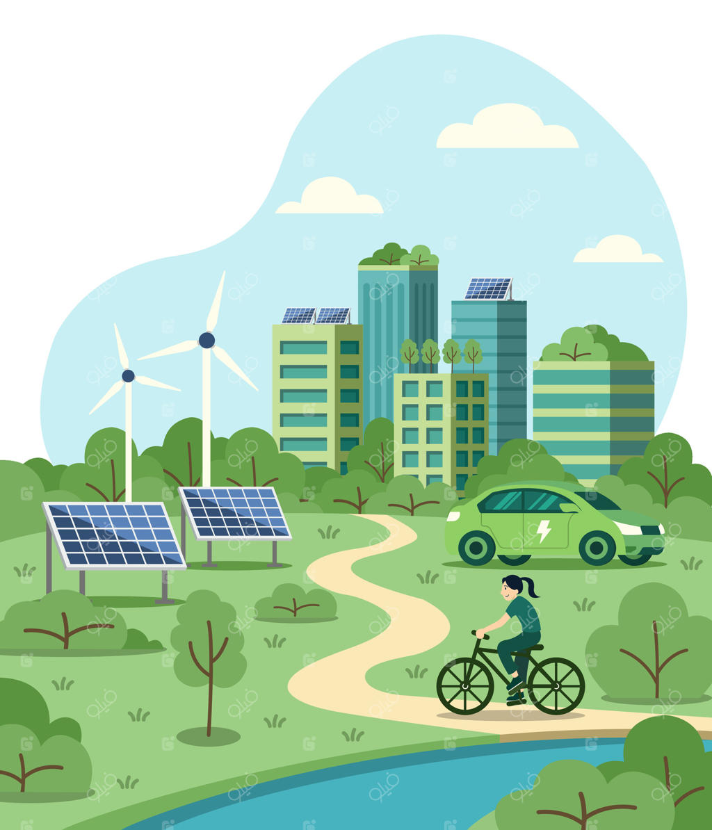 شهر سبز پایدار: جنگل شهری، معماری سبز با بناهای دوستدار محیط‌زیست، پشت‌بام‌های سبز، پنل‌های خورشیدی، درختان، توربین‌های بادی، دوچرخه‌سواری، خودروی برقی و رودخانه.