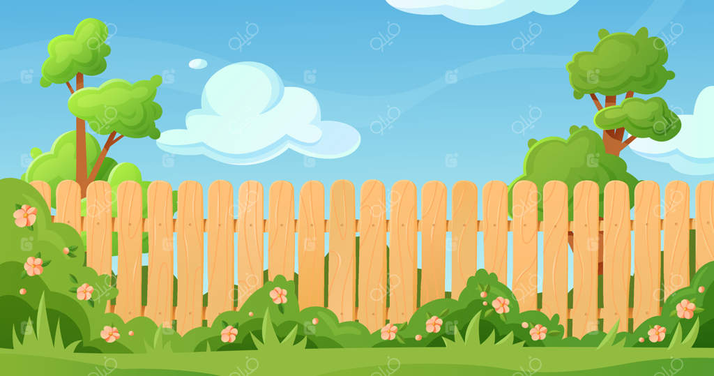 حصار چوبی کارتونی در باغ سرسبز با درختان