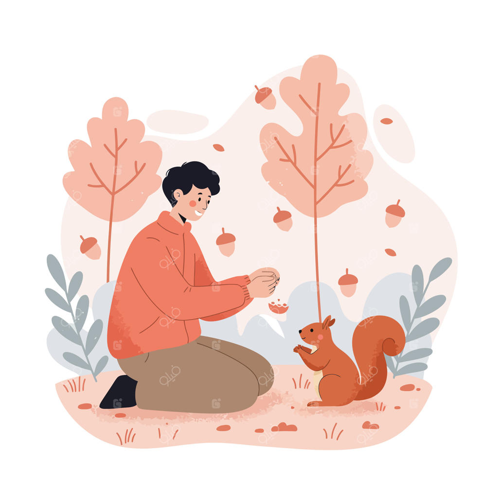 تصویر: فردی در حال غذادادن به سنجاب در پارک پاییزی با درختان نارنجی و برگ‌های در حال ریزش