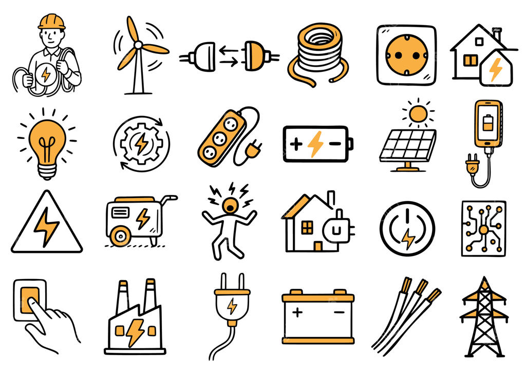 مجموعه‌ای از آیکون‌های مرتبط با انرژی شامل توربین‌های بادی، لامپ‌ها، پنل‌های خورشیدی و نمادهای الکتریکی. تصاویر مفاهیم انرژی‌های تجدیدپذیر را به تصویر می‌کشند.