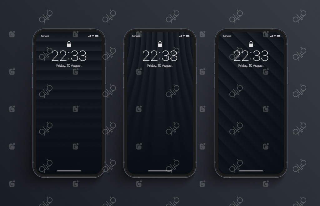 مجموعه والپیپرهای هندسی مینیمال سه‌بعدی با خطوط مشکی و صاف بر روی صفحه‌نمایش گوشی هوشمند با زمینه تیره. پس‌زمینه‌های عمودی و انتزاعی برای گوشی هوشمند