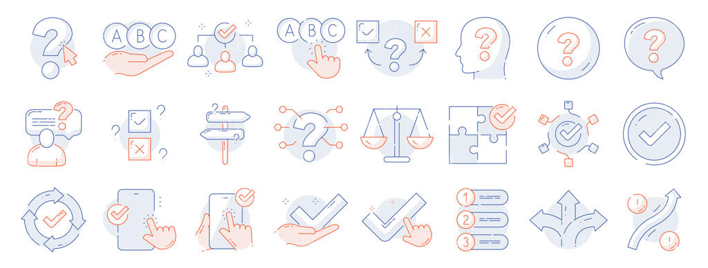 مجموعه‌ای از آیکون‌های رنگی مرتبط با انتخاب: نظرسنجی، چک‌لیست، بازخورد، گزینه، پذیرش، فلش، مسیر و غیره. قابل ویرایش