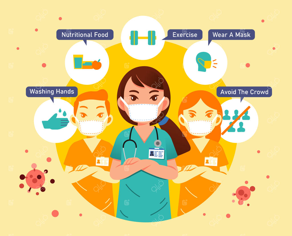 پوستر اطلاعاتی برای مقابله با ویروس کرونا با شخصیت‌های پزشکی و راهنمایی‌های جلوگیری از شیوع ویروس - تصویرسازی به سبک تخت