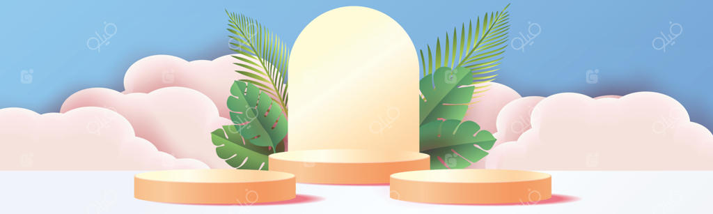 ماکت سکوی هندسی سه‌بعدی با برگ‌های استوایی - مفهوم فضای طبیعی برای نمایش در پس‌زمینه‌ی سبز، صحنه‌ی انتزاعی و مینیمال برای ارائه‌ی محصولات، وکتور