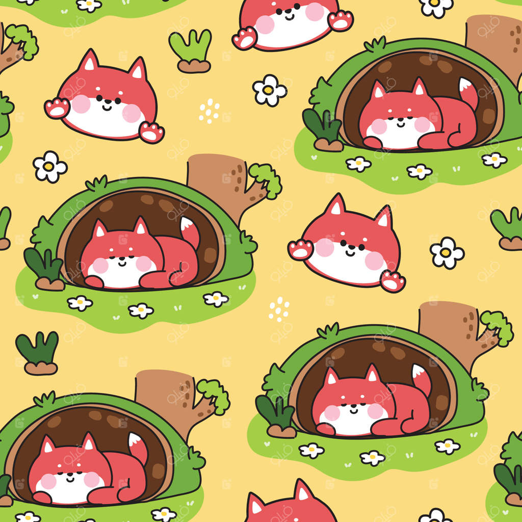 پترن یکپارچه روباه‌های بامزه در حال خواب در غار با پس‌زمینه باغ گل. درخت. جنگل. طراحی کاراکتر حیوان وحشی. کاوایی. تصویرسازی.