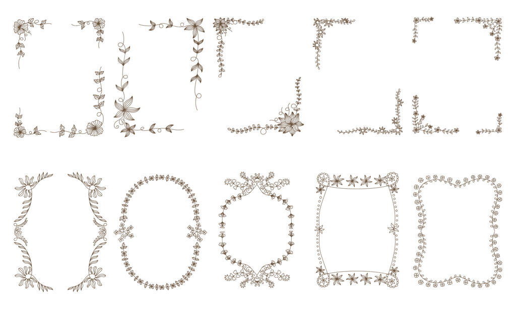 ست قاب گل با خطوط قهوه‌ای به سبک طراحی دستی روی پس‌زمینه سفید برای چاپ دیجیتال، کارت عروسی، طراحی جلد، و چاپ برچسب و موارد دیگر.