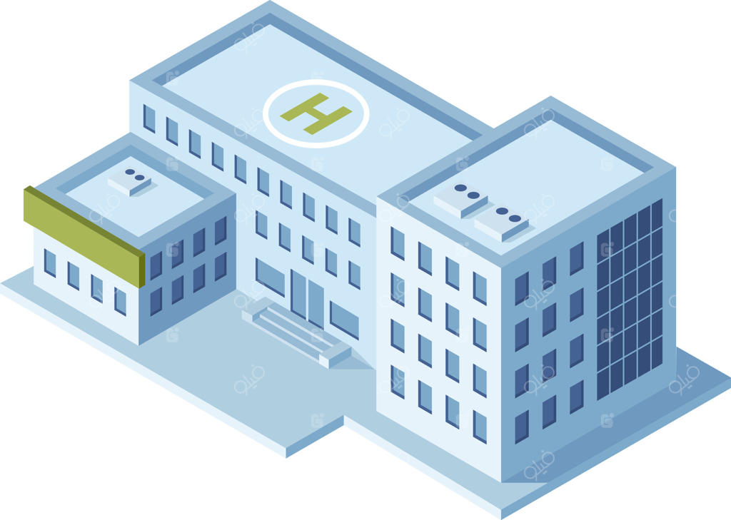 نمای ایزومتریک از یک مجتمع بیمارستانی مدرن با یک محل فرود هلیکوپتر، بخش‌های مختلف پزشکی و دفاتر اداری، نشان‌دهنده زیرساخت جامع مراقبت‌های بهداشتی