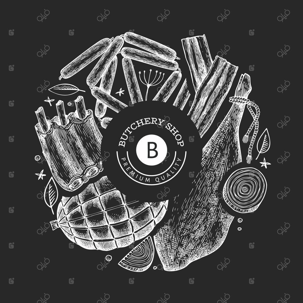 محصولات گوشتی کلاسیک: طرح دستی از ژامبون، سوسیس و ادویه‌جات. تصویرسازی قدیمی روی تابلوی گچی. مناسب برای منوی رستوران.