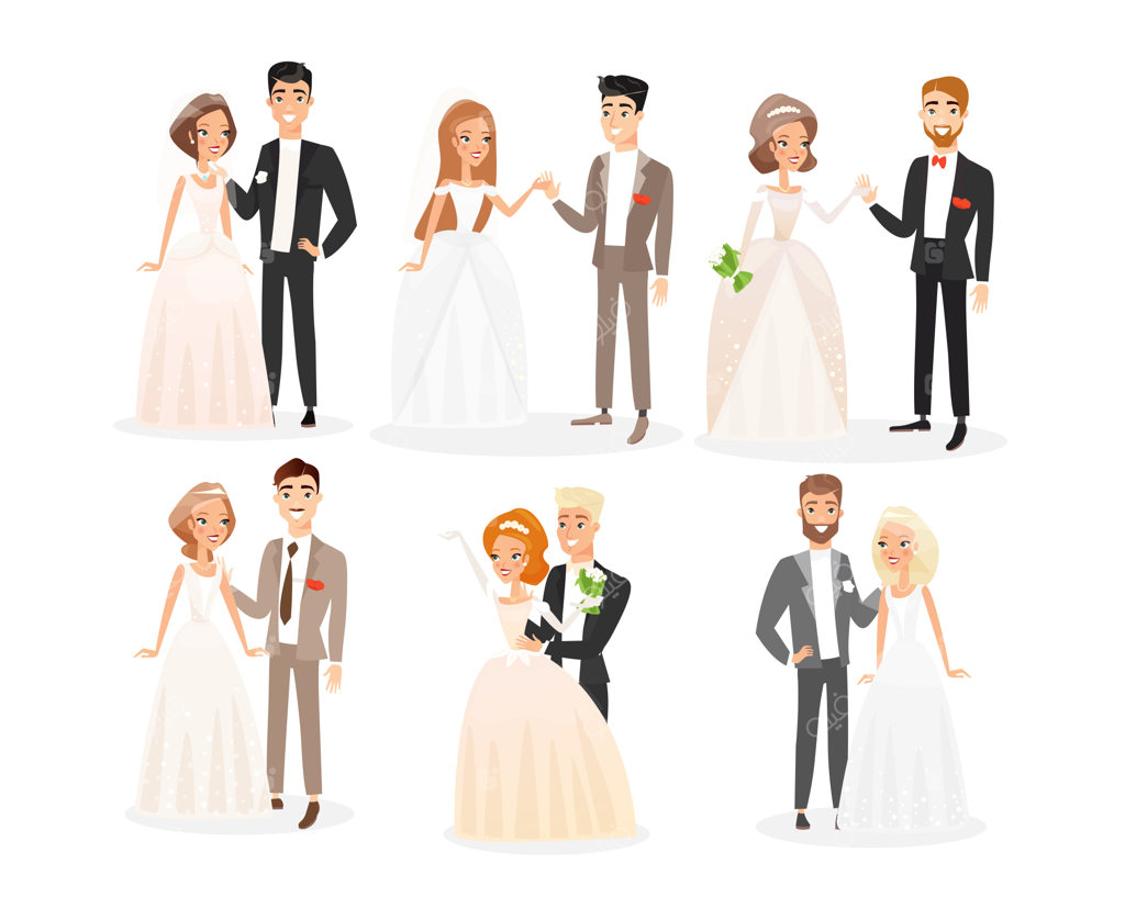 مجموعه تصویرسازی‌های تخت زوج‌های عروسی. پکیج کاراکترهای کارتونی عروس و داماد. مراسم نامزدی. زن در لباس عروس سفید با تور و مرد در لباس مجلسی. مجموعه تازه‌عروس و دامادها.