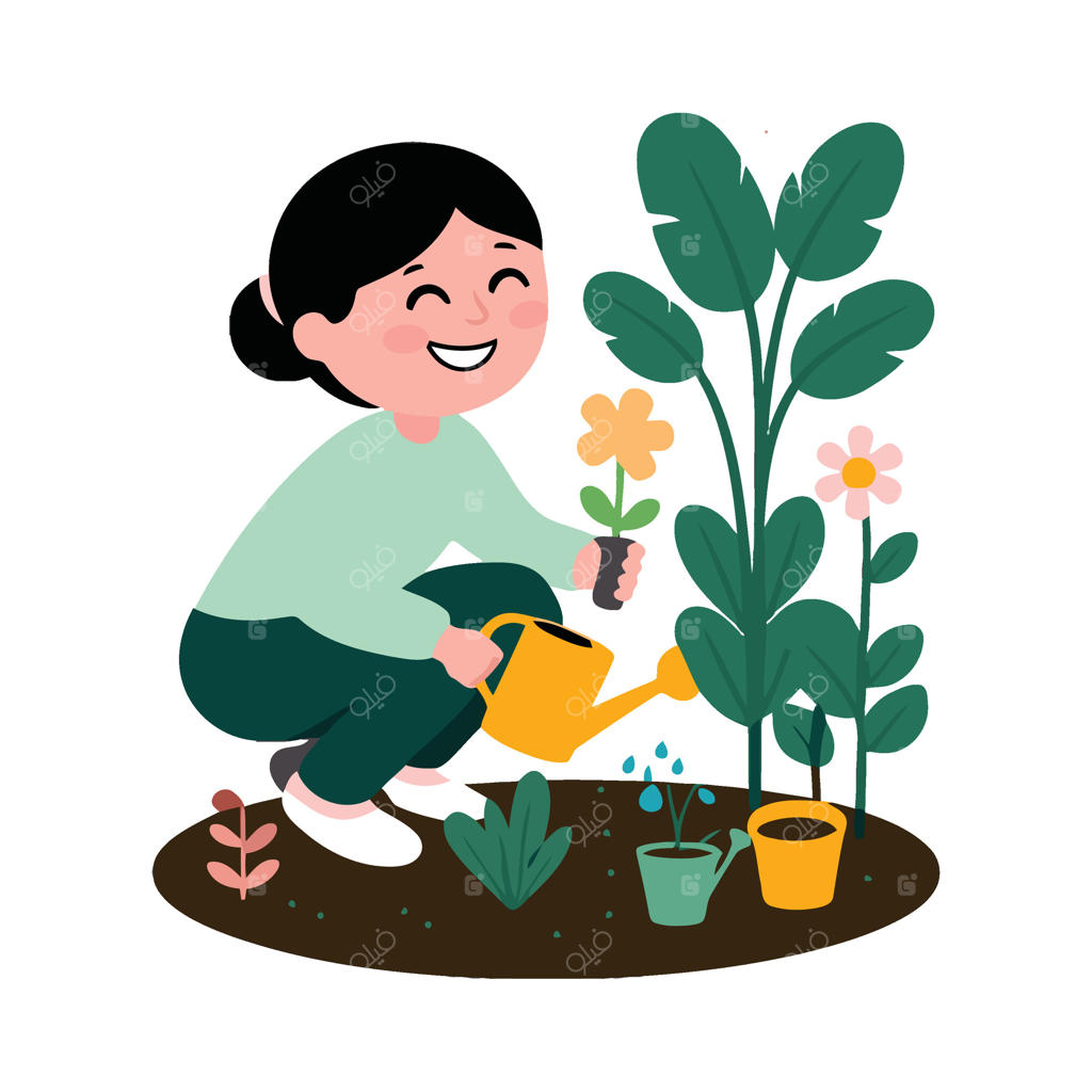 زنی در حال آبیاری گیاهان در باغ است