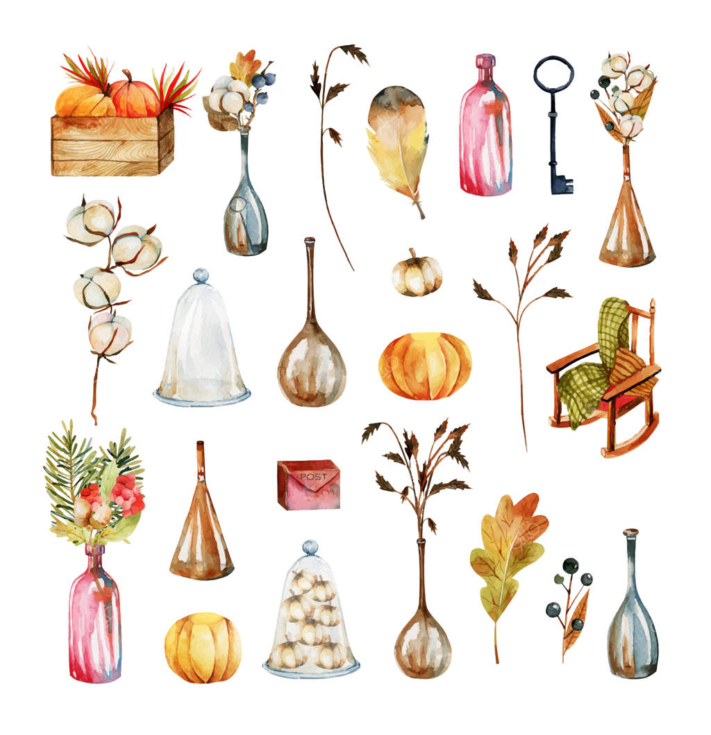مجموعه عناصر و اشیاء پاییزی با آبرنگ: برگ‌ها، گل‌های پنبه، دسته گل‌های پاییزی، توت‌های فصل، کدوها، بطری‌ها و صندلی راحتی