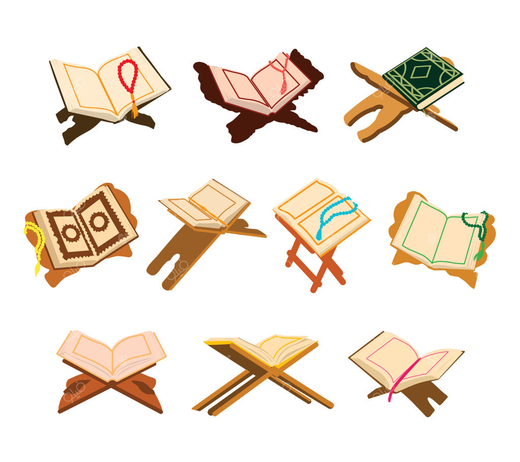 مجموعه کتاب‌های دعا و قرآن کریم بر روی میز برای دکوراسیون اسلامی