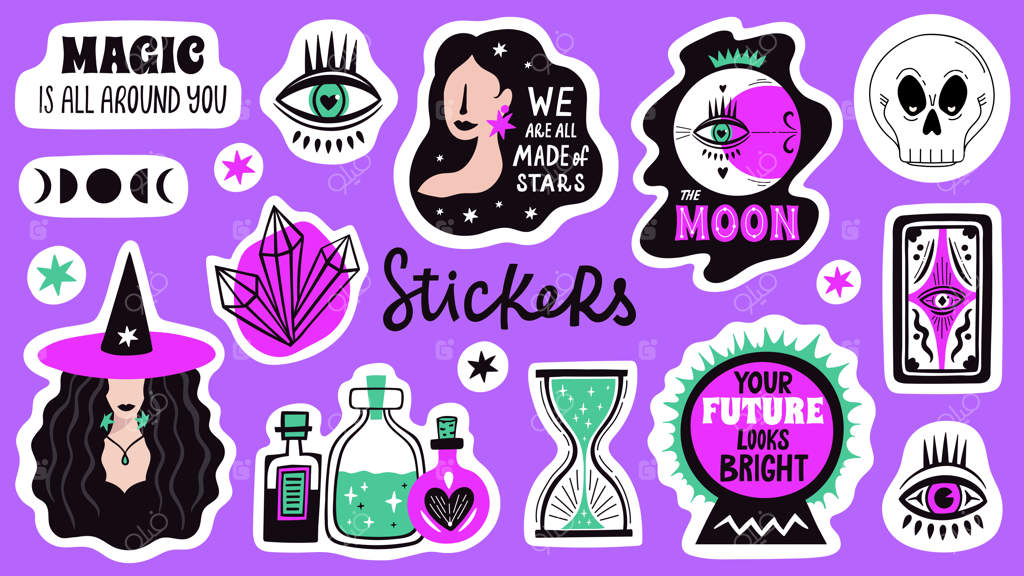 جادوی استیکرهای دودل شخصیت‌های دست‌کشیده جادوگری نمادهای ماه و کریستال