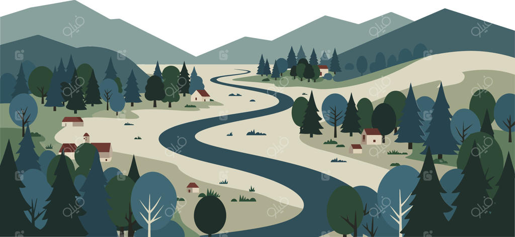 چشم‌انداز کوهستانی آرام با رودخانه‌ای پر پیچ‌ و‌ خم و کلبه‌های پراکنده در طیف رنگی آبی و سبز ملایم