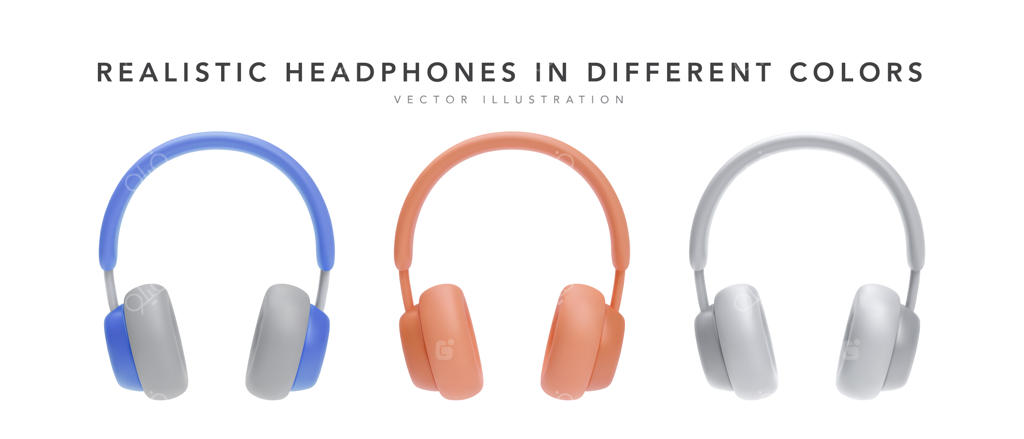 مجموعه‌ای از هدفون‌های رنگی واقعی، ایزوله شده بر روی پس‌زمینه سفید، تصویر وکتور