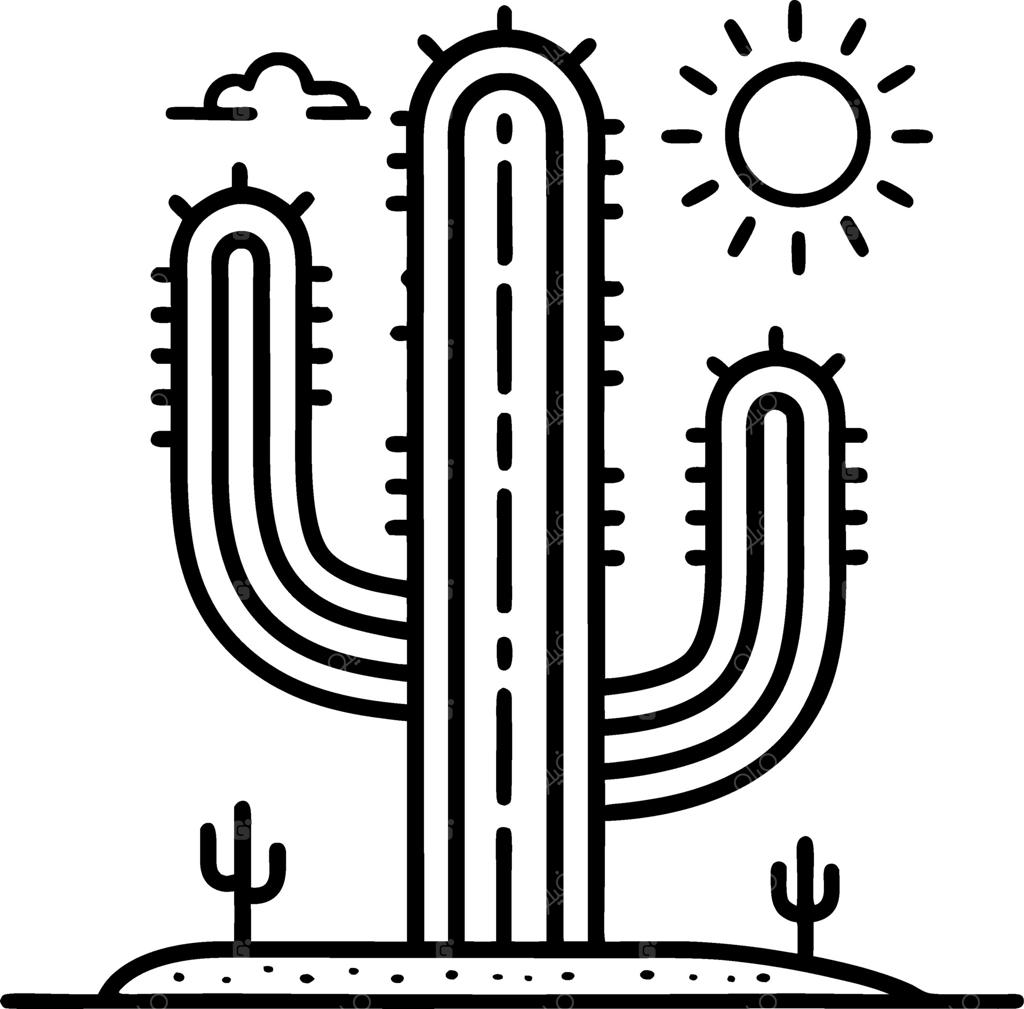 تصویرسازی کاکتوس با خورشید و ابر، مناسب برای طرح تاتو و رنگ‌آمیزی