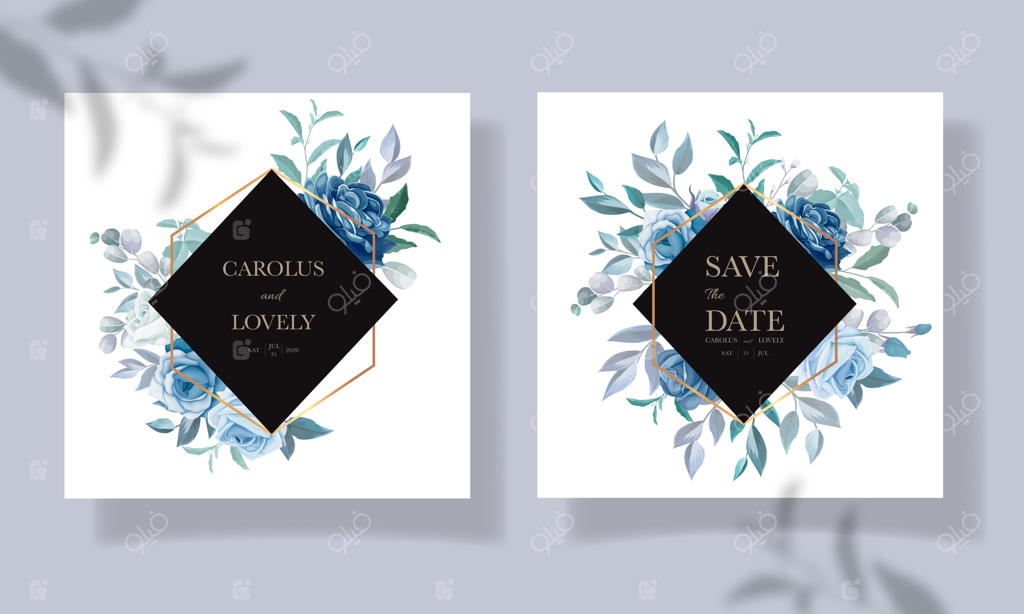 مجموعه قالب دعوتنامه عروسی با تزئین گل‌های زیبای آبی و حاشیه‌های شیک
