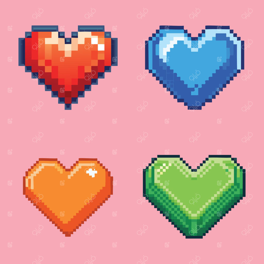 مجموعه قلب‌های پیکسلی روی پس‌زمینه صورتی