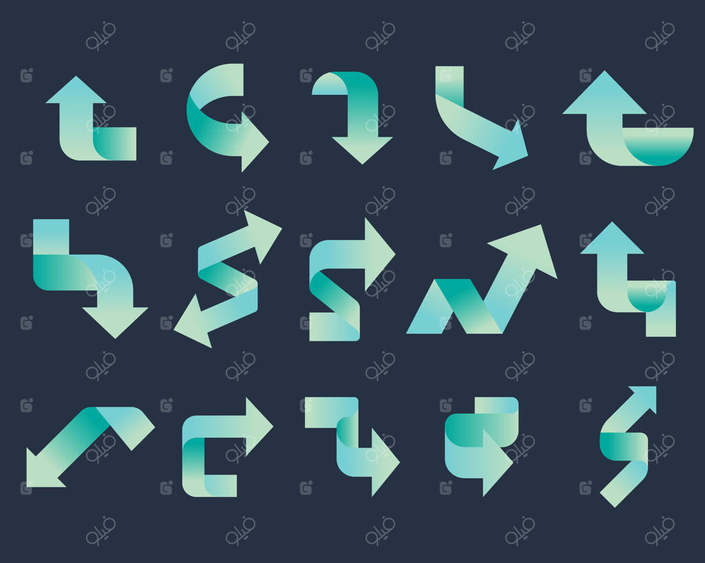 مجموعه‌ای از فلش‌های جهت‌دار متنوع با گرادینت‌های پر جنب‌ و جوش فیروزه‌ای.