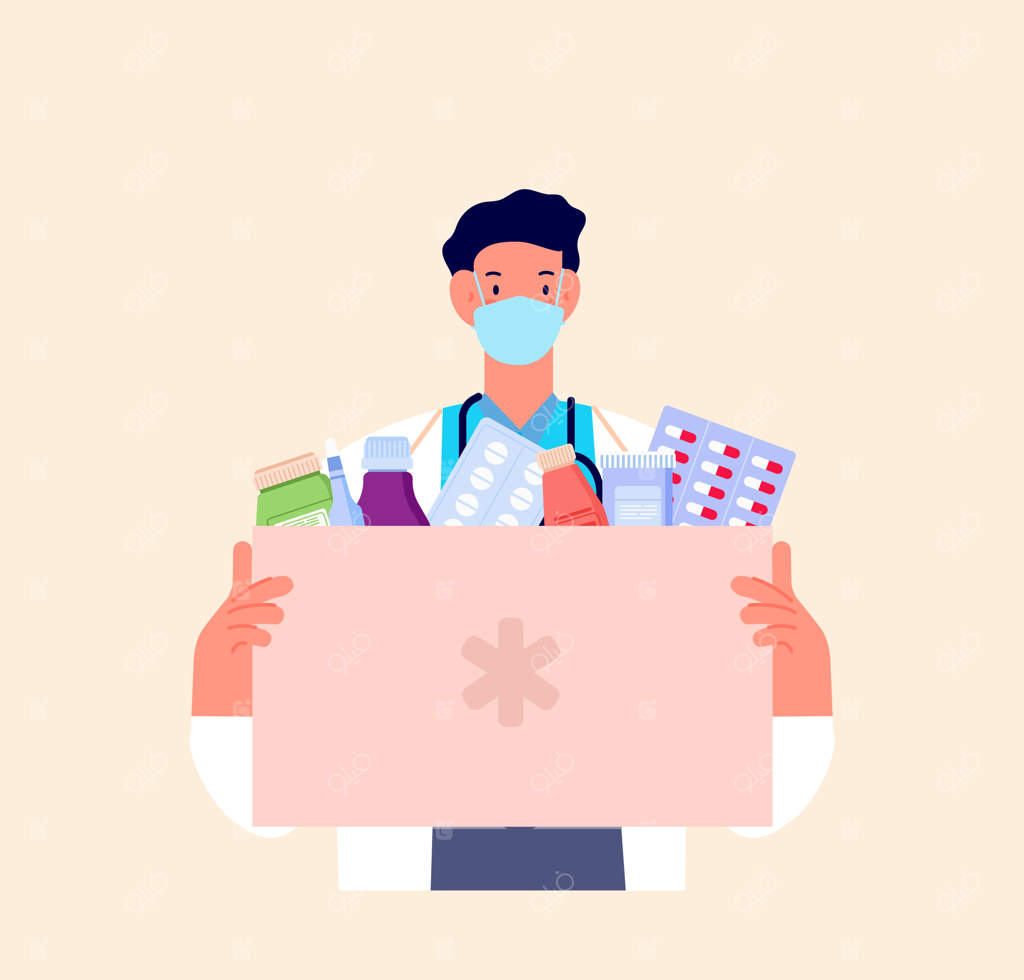 داروخانه و کمک‌های اولیه: داروساز یا پزشک؟ جعبه دارو و اسپری برای درمان بیماران. پرستار ماسک‌زده و فروش لوازم پزشکی.