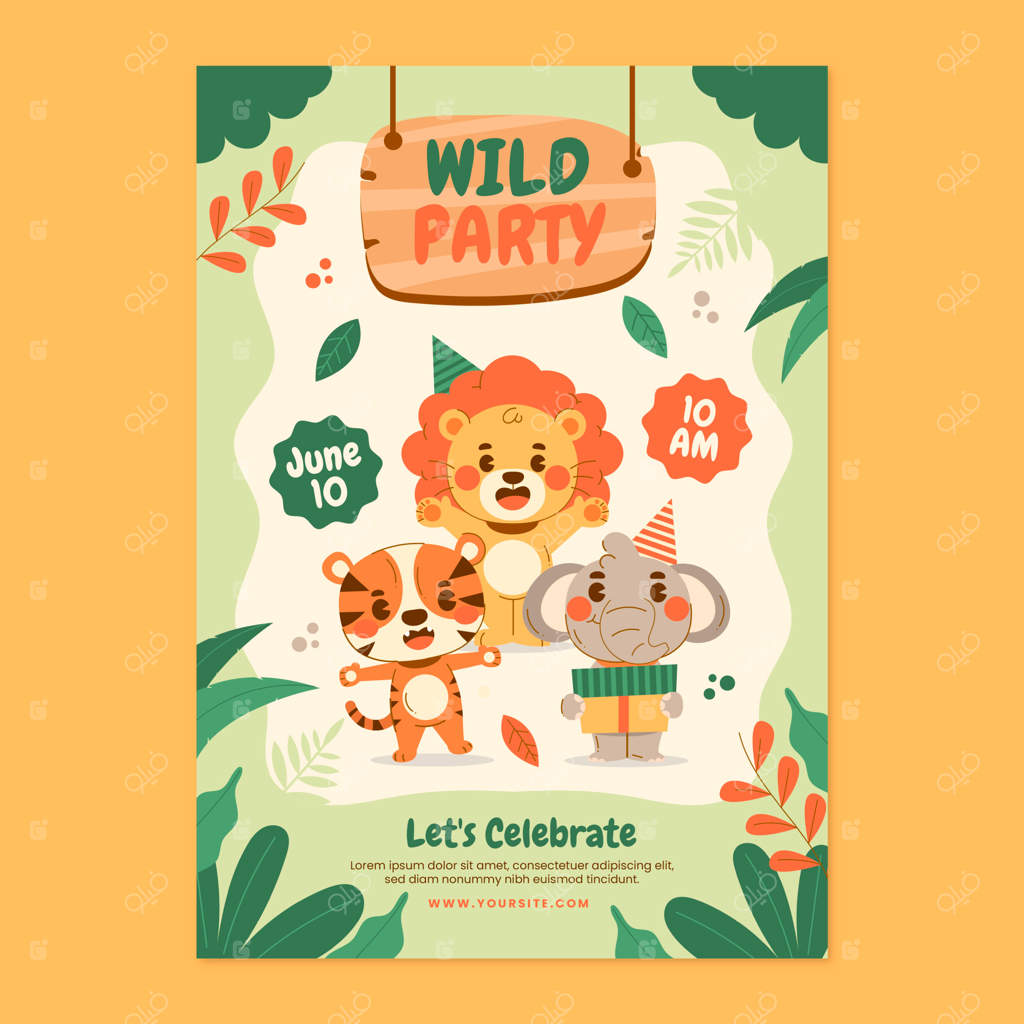 قالب پوستر عمودی مهمانی سافاری با حیوانات وحشی