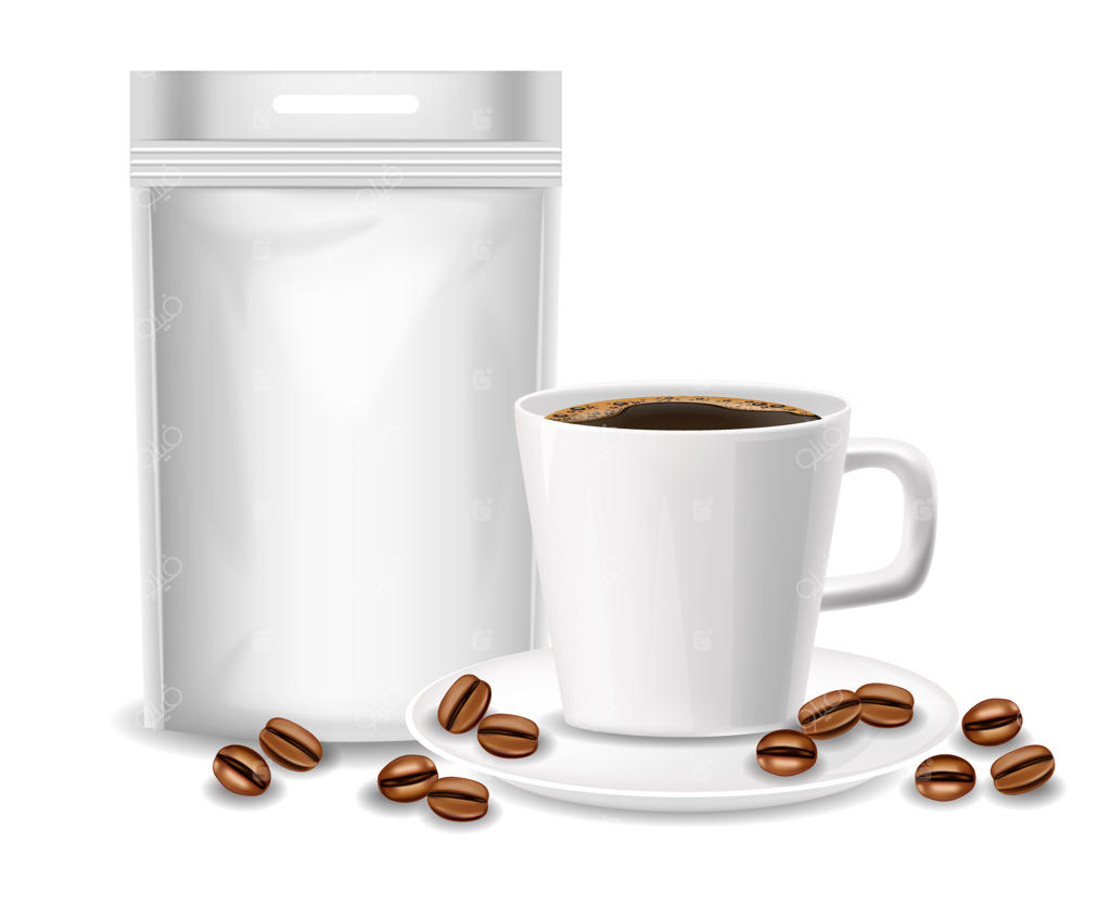 فنجان سفید واقع‌گرایانه، فنجان قهوه و کیسه انعطاف‌پذیر به صورت مجزا، بسته‌بندی، دانه‌های قهوه و تصویرسازی واقعی