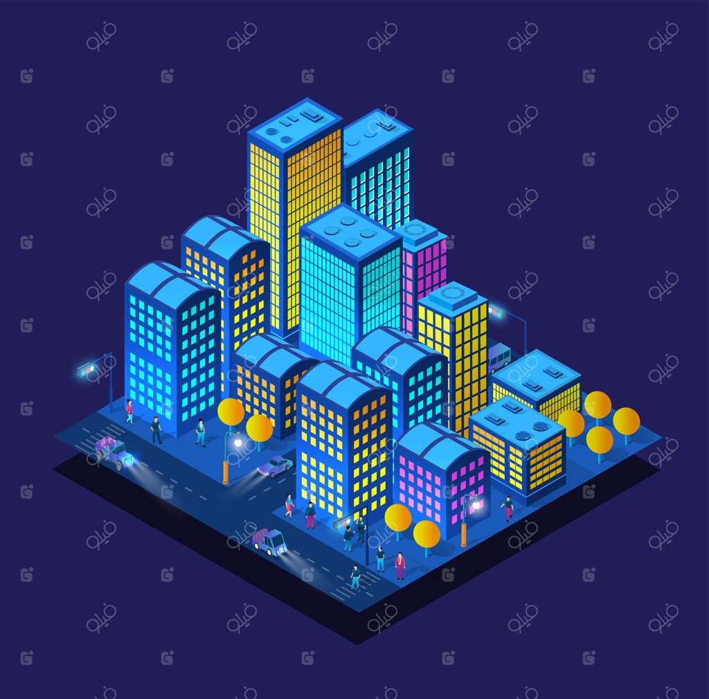 شهر هوشمند سه‌بعدی در پس‌زمینه‌ای بنفش و فرابنفش