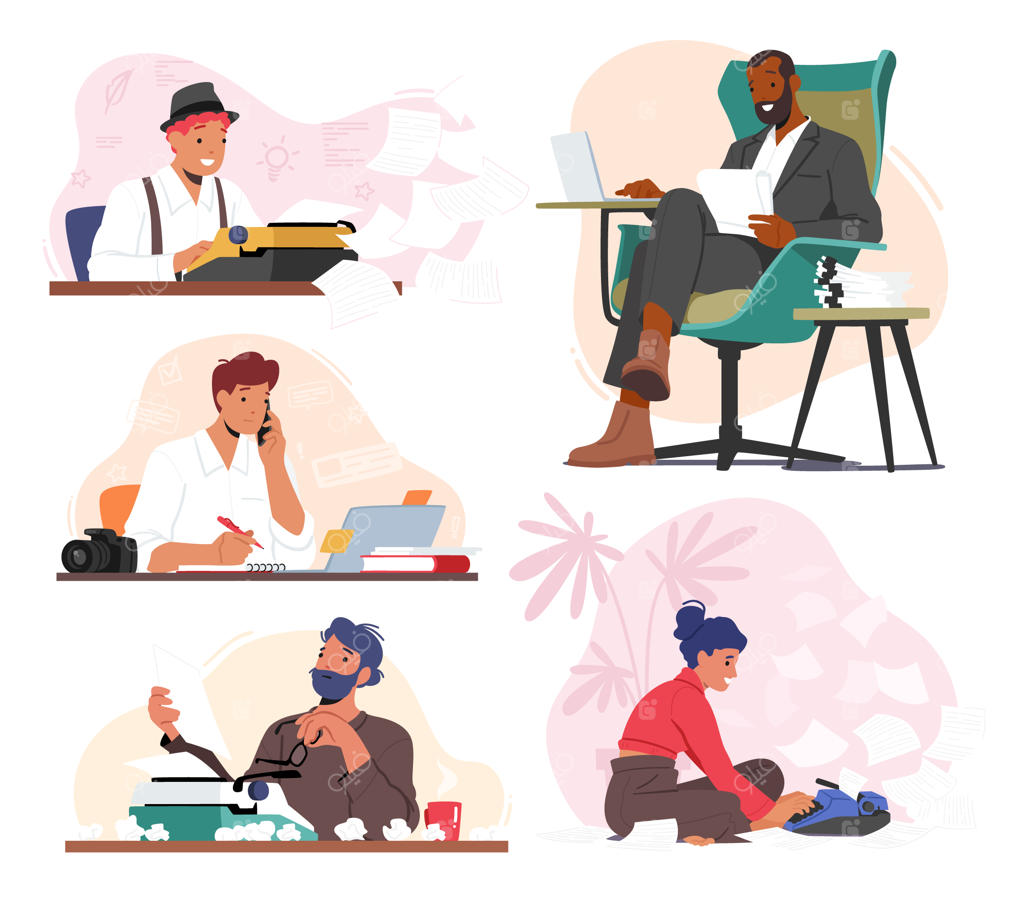 مجموعه شخصیت‌های نویسنده و ویراستار زن و مرد؛ افراد خلاق در حال نوشتن یا ویرایش متن در محل کار