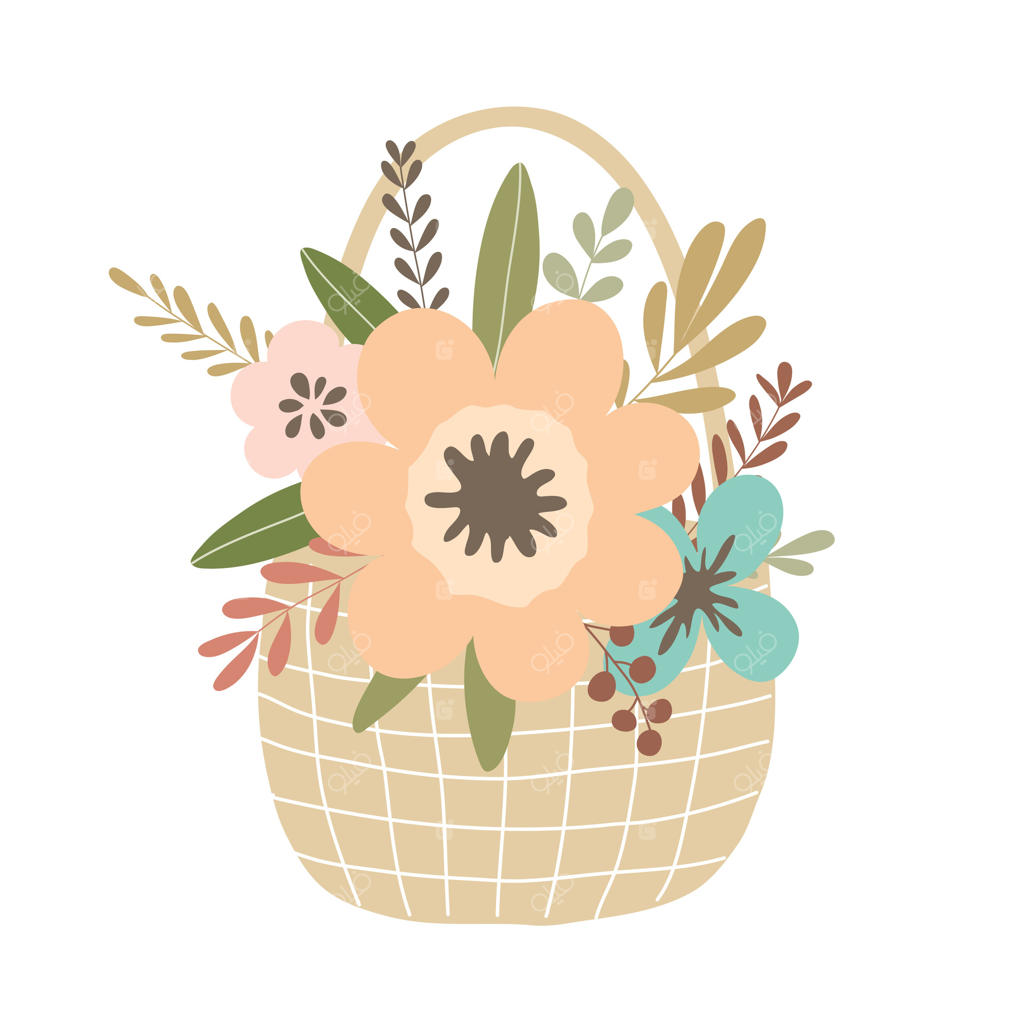 سبد بافته شده با گل‌ها و برگ‌ها روی زمینه سفید