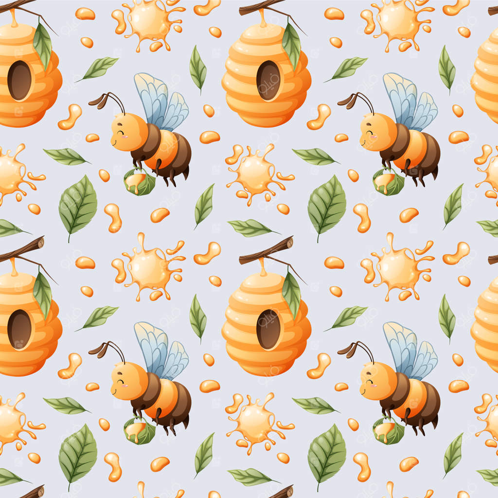 پترن یکپارچه با زنبورهای عسل زیبا و کندو و گل‌ها مناسب برای پارچه‌ها، کاغذ دیواری و پس‌زمینه‌ها