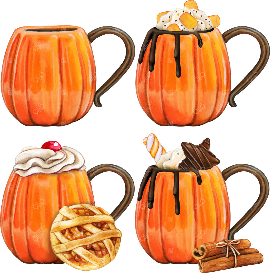 فنجان‌های ادویه کدو حلوایی به سبک آبرنگ