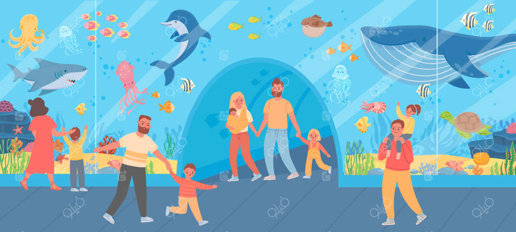 خانواده در آکواریوم: بازدید از زندگی دریایی با والدین و فرزندان در کنار آکواریوم بزرگ شیشه‌ای