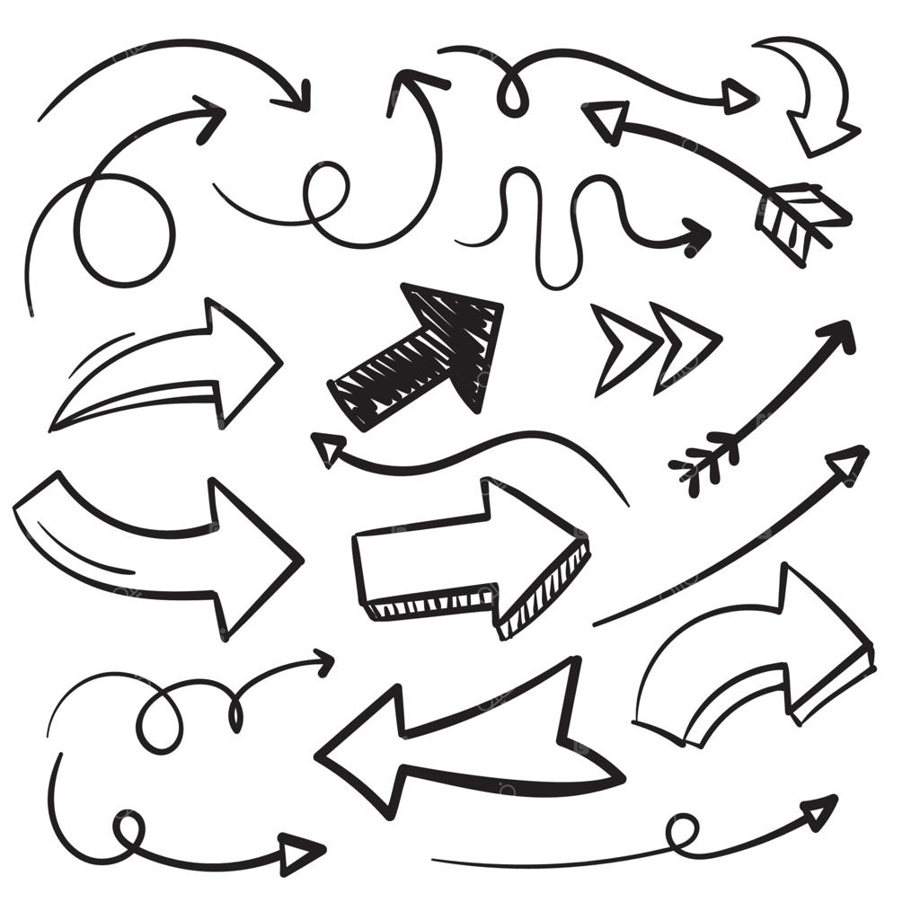 مجموعه‌ای از طرح‌های برداری پیکان‌های دستی. نقاشی‌های پیکان بر روی زمینه سفید.