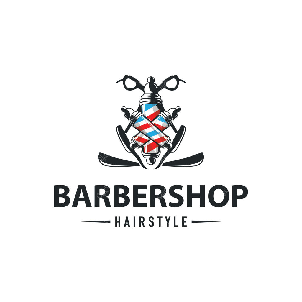 طراحی لوگوی مدرن آرایشگاه: ایده‌ای نوین برای آرایشگاه با استایل موهای شیک و نماد‌واره‌ی تجهیزات اصلاح، مناسب برای برندینگ محصولات و کسب و کارها