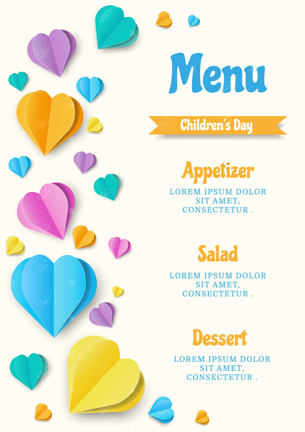 پترن منوی روز کودک با قلب‌های سه‌بعدی رنگارنگ. پوستر یا کارت برای کودکان، تولد، دعوت‌نامه، منو، فروش. پس‌زمینه مدرن و شاد برای تعطیلات و مدرسه. دنیای شاد کودکان.