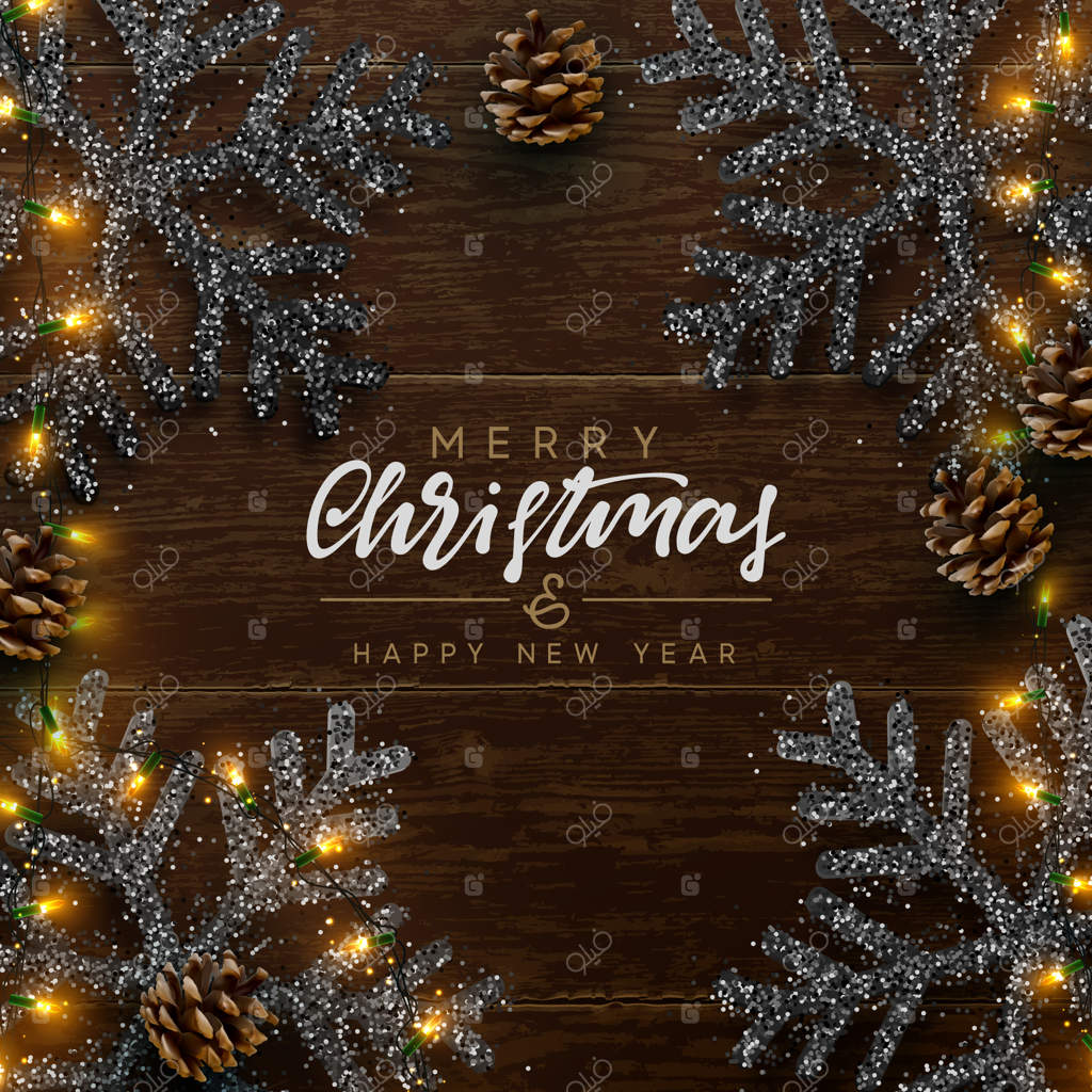 ترکیب کریسمس روی زمینه‌ی چوبی: طراحی تزئینات زینتی با رنگ‌ مشکی، ریسه‌ طلایی، و کاج. بافت واقع‌گرایانه چوب قهوه‌ای. نمای از بالا، تصویرسازی وکتور.