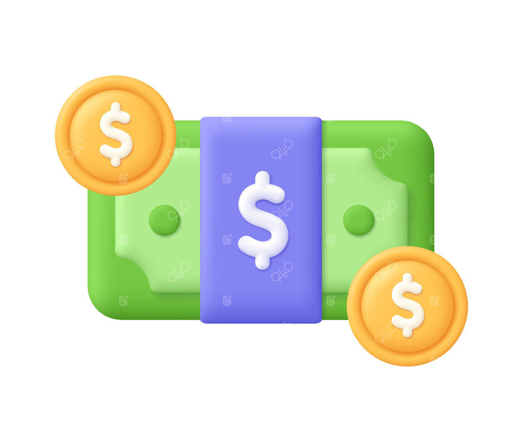 اسکناس و سکه با نماد دلار: مفهوم مالی، کسب‌وکار، درآمد، پس‌انداز و سرمایه‌گذاری. آیکون سه‌بعدی به سبک کارتون مینیمال.