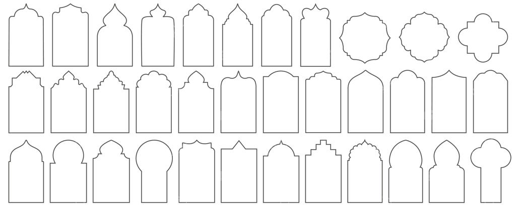 قاب رمضان: طراحی پنجره و درب اسلامی و قوس. مجموعه الگوهای عناصر معماری شرقی و دکوراسیون سنتی