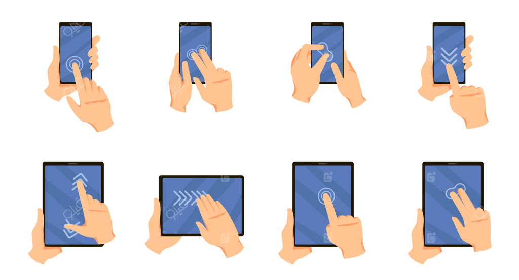 مجموعه‌ای از لمس‌های انگشت روی صفحه موبایل. تصاویر وکتوری از دست‌ها با گوشی هوشمند، موبایل یا تبلت. حرکات کارتونی مانند نیشگون، کشیدن، فشردن و ضربه زدن به صفحه لمسی، در پس‌زمینه سفید. مفهوم صفحه لمسی