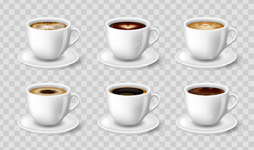 قهوه سیاه، کاپوچینو، لاته، اسپرسو، ماکیاتو و موکا از زاویه جانبی.