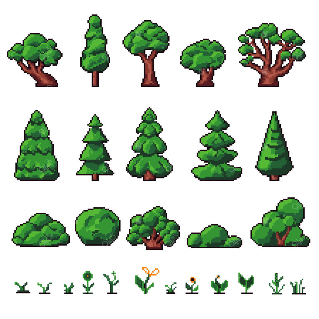 درخت‌های پیکسلی برای بازی‌های بیت و گیاهان و گل‌ها