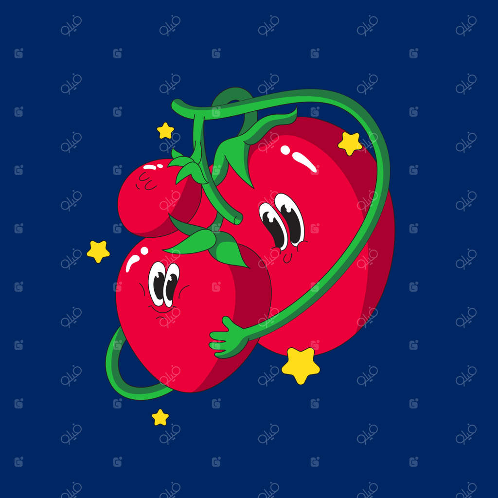 شخصیت‌های بامزه سبزیجات - خانواده گوجه‌فرنگی کارتونی - عروسک‌های بامزه روی پس‌زمینه آبی