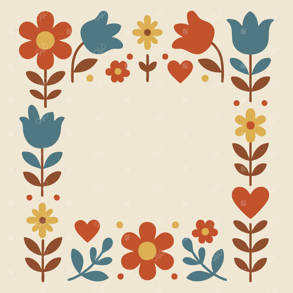 حاشیه‌ی بازیگوش گل و قلب با رنگ‌های ملایم قرمز، آبی و خردلی