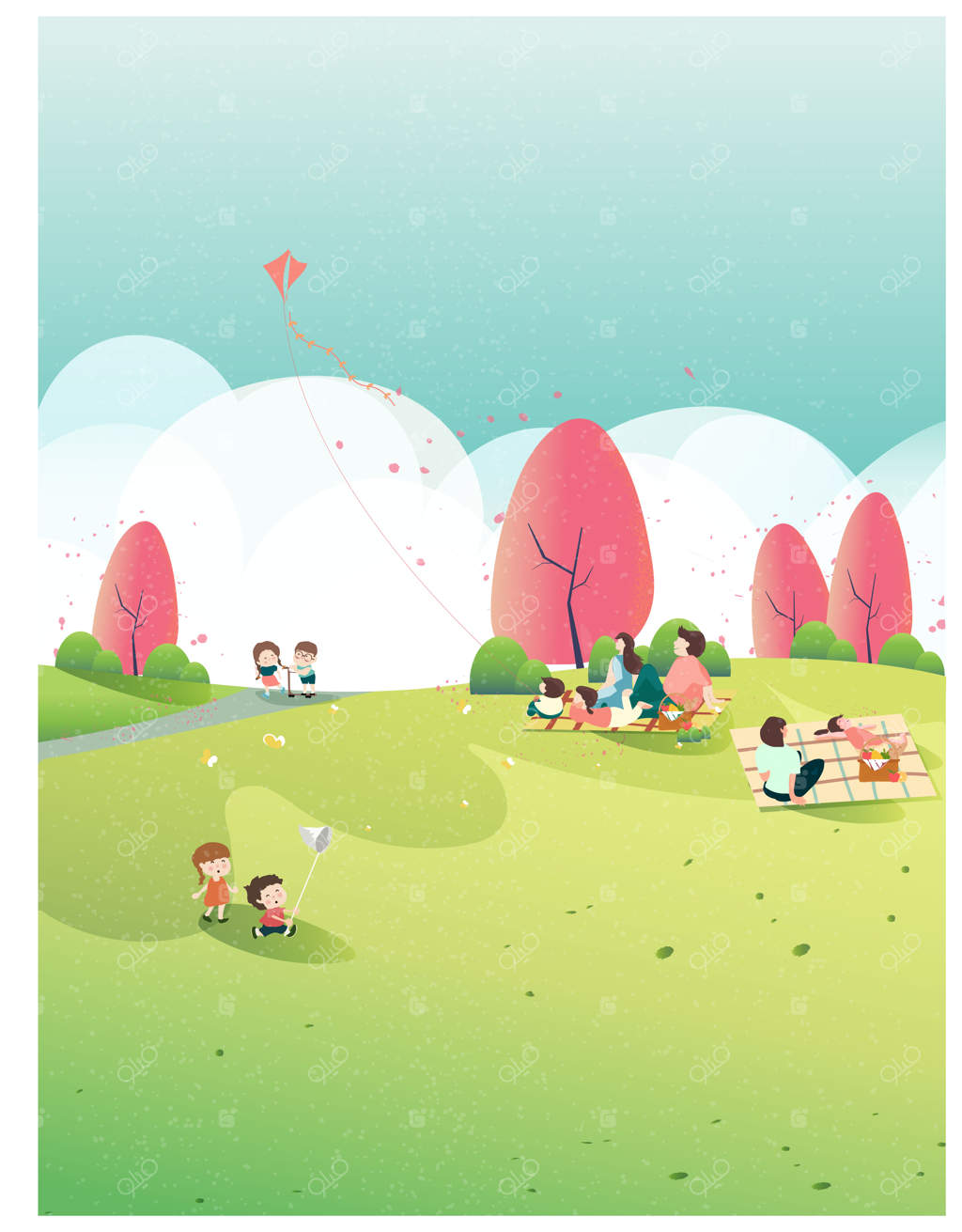 مردم در حال استراحت در طبیعت در فصل بهار در پارک. پوستر بهاری. گردش خانوادگی به پارک یا پیک نیک. بازی کودک با بادبادک و لذت از شکوفه‌های سیب و پروانه‌ها. حضور مردم در بهار.